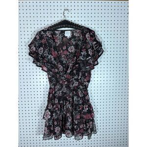 Misa Los Angeles Gallie Black Pink Floral Print Ruffle Mini Dress Size S